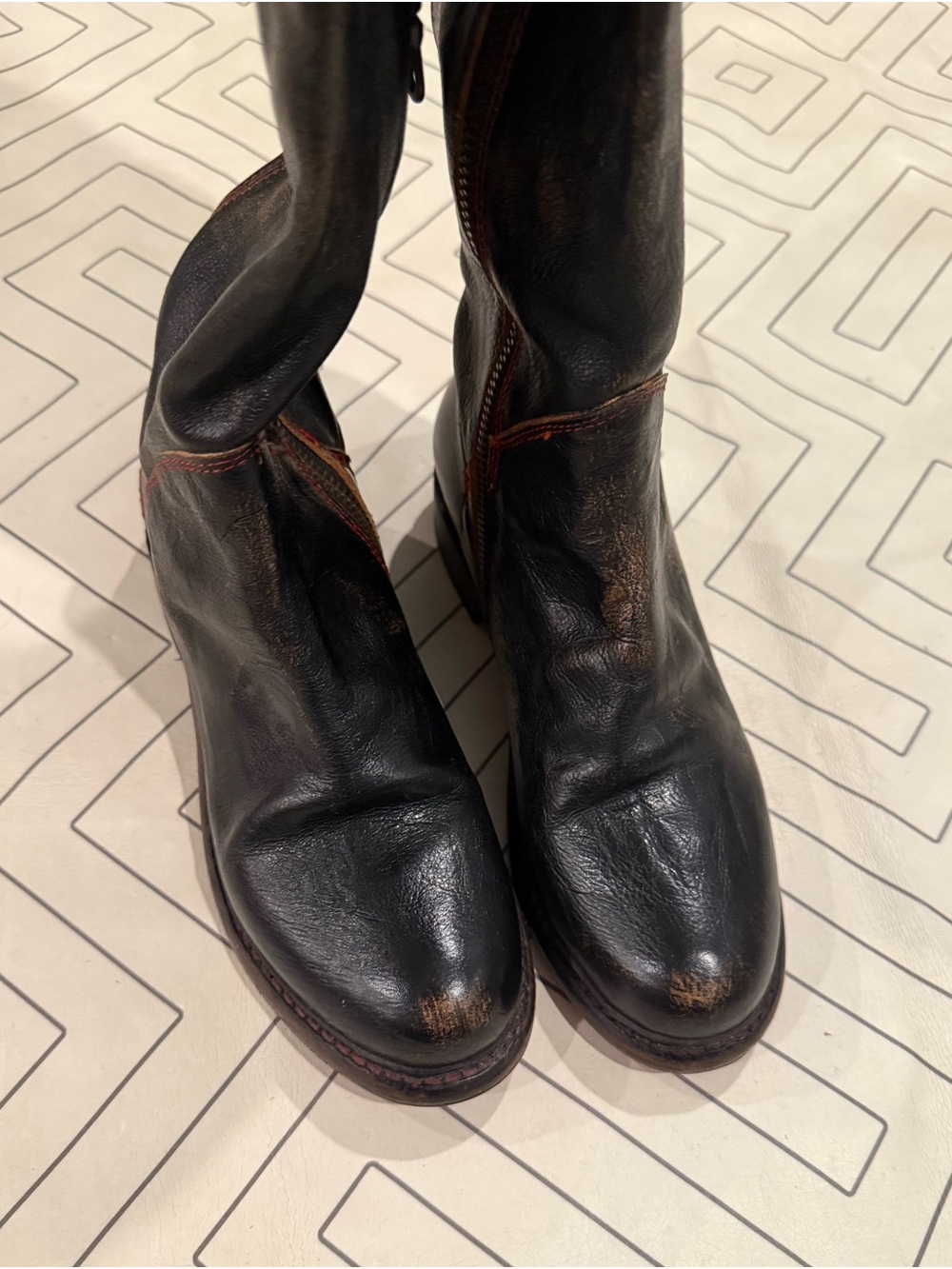 Bed | Stu Distressed Black Leather Riding Boots with Tie Calf - Picture 7 of 14